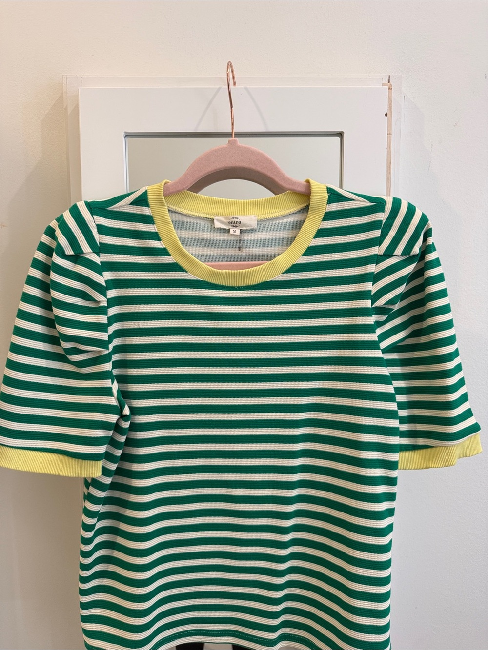 entro Green and Cream Striped Tee with Yellow Trim